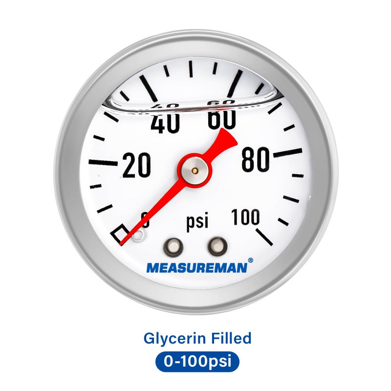 MEASUREMAN 1-1/2" Dial Size, 304 Stainless Steel case, Liquid Filled Fuel Pressure Gauge, 0-100Psi, 3-2-3%, 1/8" NPT Center Back Mount - Image 3
